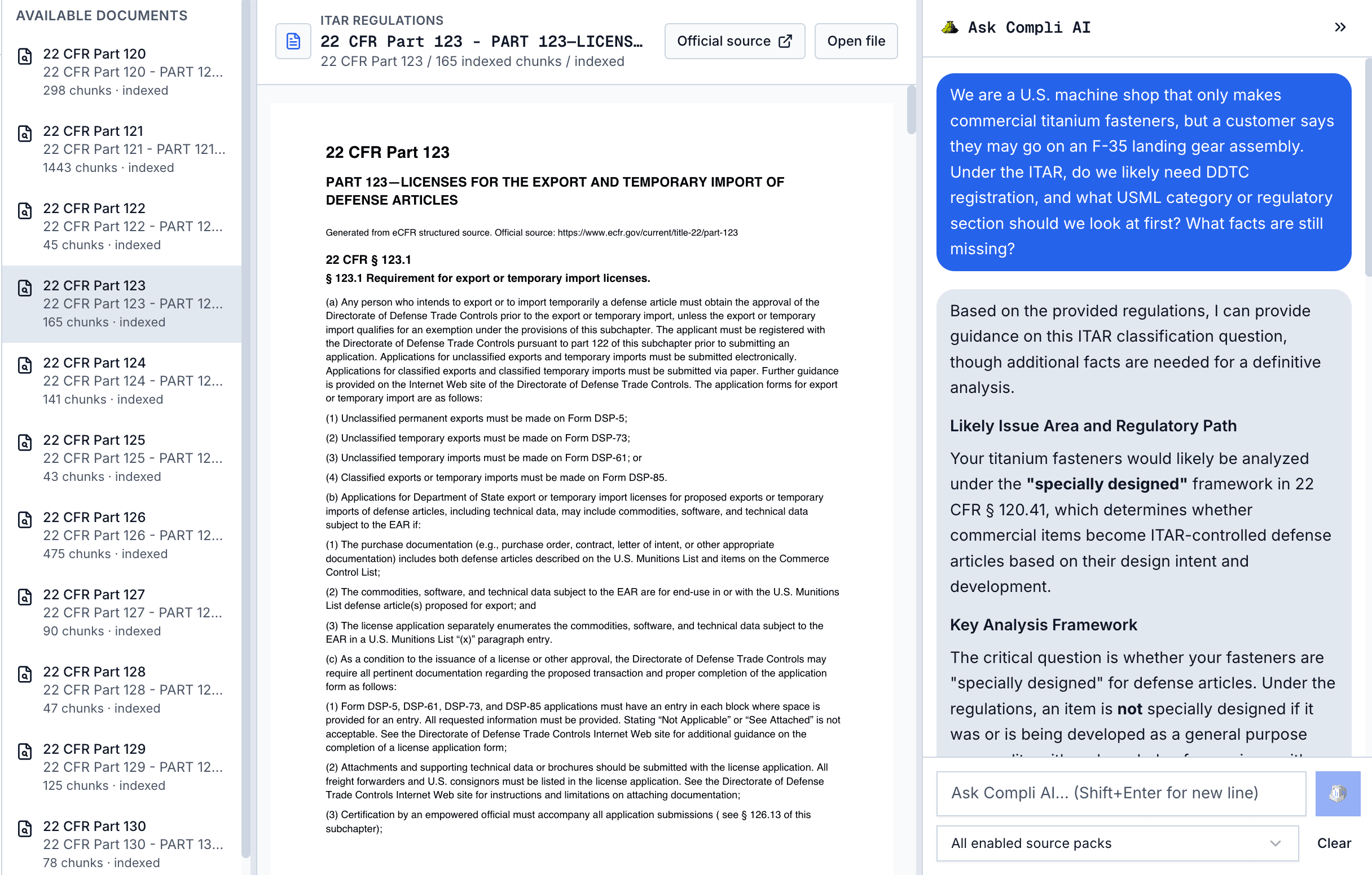 SuperCompli CompliAI workspace showing indexed ITAR documents, a regulation viewer, and an AI compliance answer.