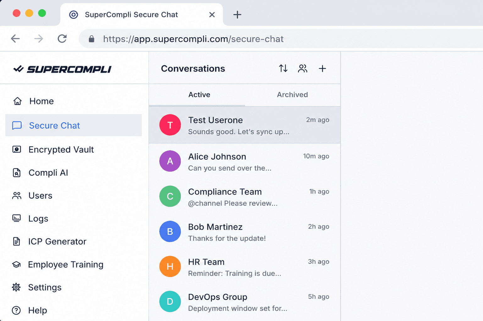SuperCompli secure chat interface showing encrypted conversations.