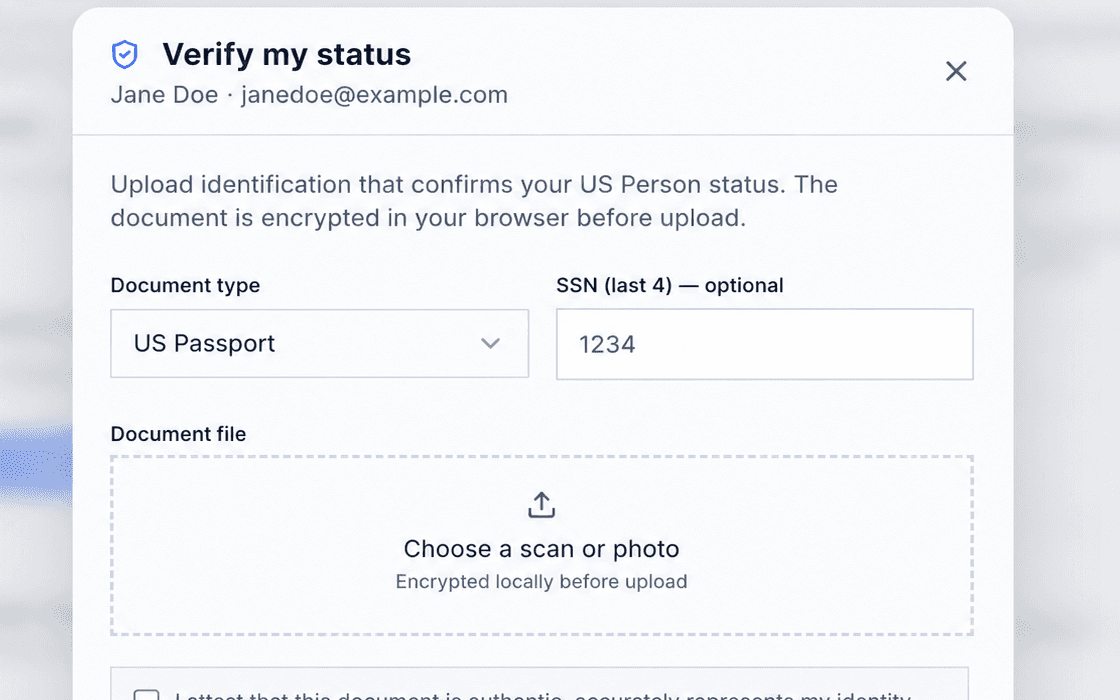 SuperCompli US Person validation modal for encrypted identity document attestation.